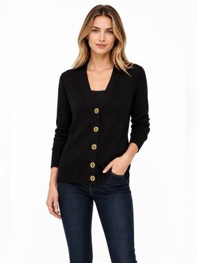 Tory Burch Black Merino Wool Logo Button Cardigan Size M